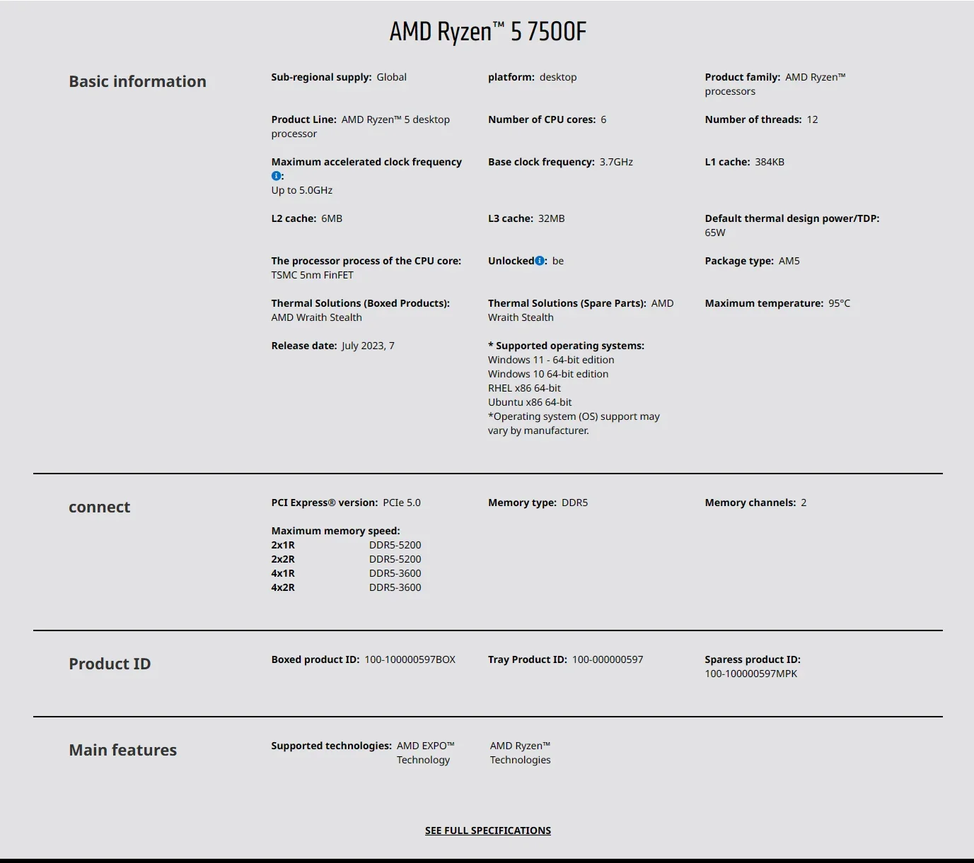 AMD Ryzen 5 7500F 3.7GHz 6-Cor - Pc Gaming Cpu のレビューと価格