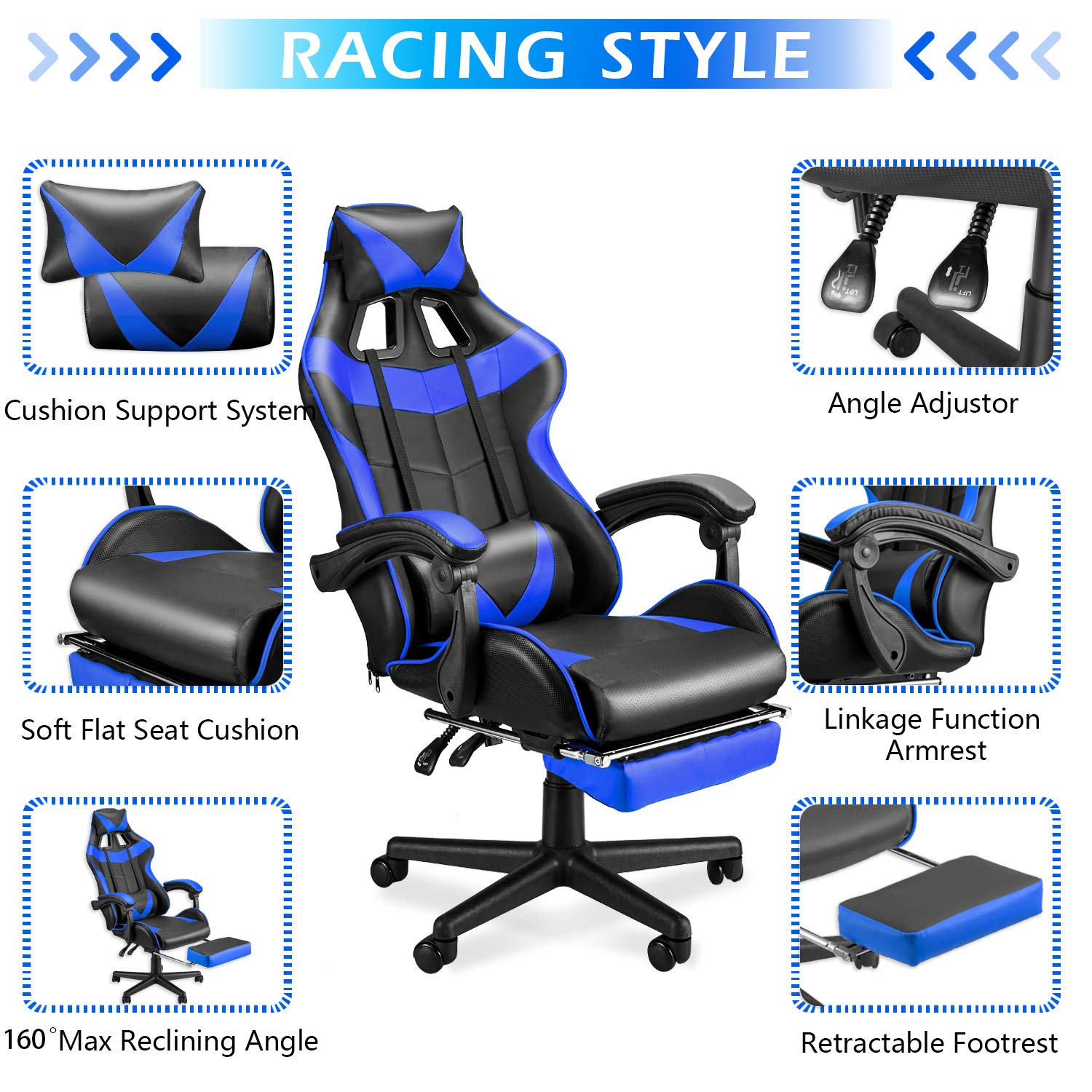 Blue Gaming Chair with Footres - Pc Gaming Chair のレビューと価格